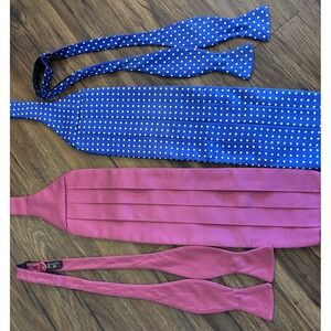 LOT OF 4 Vintage R. Hanauer ALL SILK Blue Pink Polka Dots Cummerbund Bow Tie Set